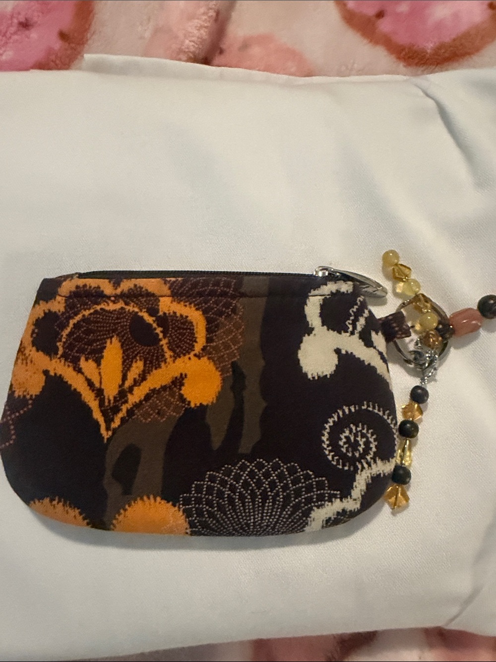 Floral Pattern Small Wristlet Coin Purse - Orange & Brown